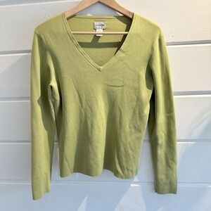 Womens Chicos 1 / M Green V Neck Ribbed Knit Pullover Sweater Silk Blend